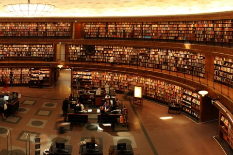 Cliquez sur la bibliothèque pour entrer et naviguer dans le lexique de l’expertise littéraire. La bibliothèque de Stockholm illustrant l’exploration du lexique de l’expertise littéraire.