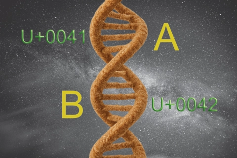 Cliquez sur l’hélice Unicode pour explorer le code Unicode. Texte alt à trouver dès l’image finale.