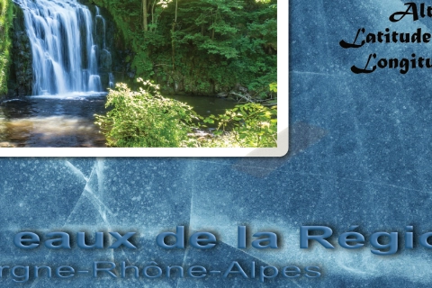 Extrait d’une création numérique illustrant la cascade du Bois de Chaux et ses coordonnées géographiques sur fond texturé.