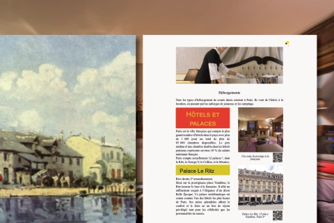 Cliquez sur la composition numérique pour pour explorer et commander une création d’imprimés : livre, livret, brochure, magazine. Extrait de PAO avec une peinture du Canal Saint-Martin de Sisley et une présentation des hébergements à Paris.