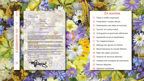 Pastiche d’une lettre ratée avec liste des erreurs à éviter, symbolisant la soumission à un éditeur.