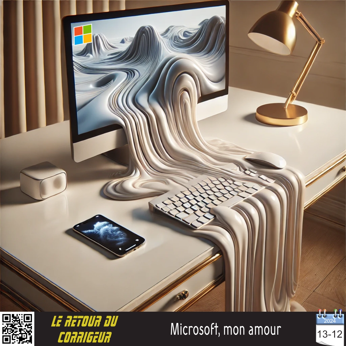 Illustration surréaliste d’un plantage de Windows avec des éléments technologiques en fusion.
