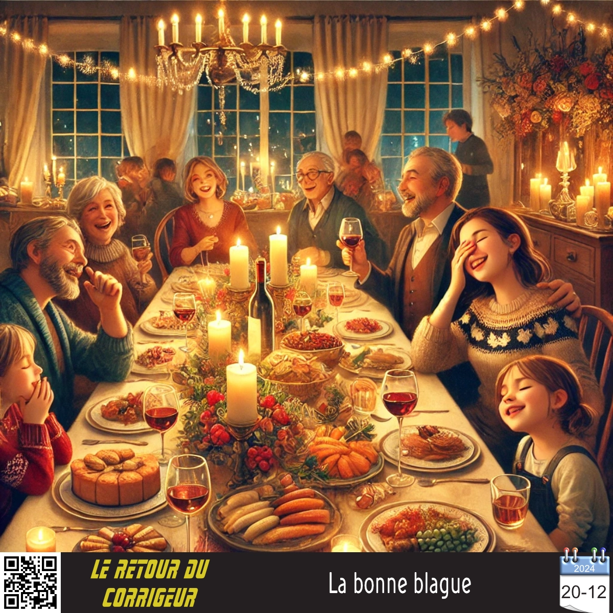 Illustration d’un repas où chacun raconte écoute une histoire drôle