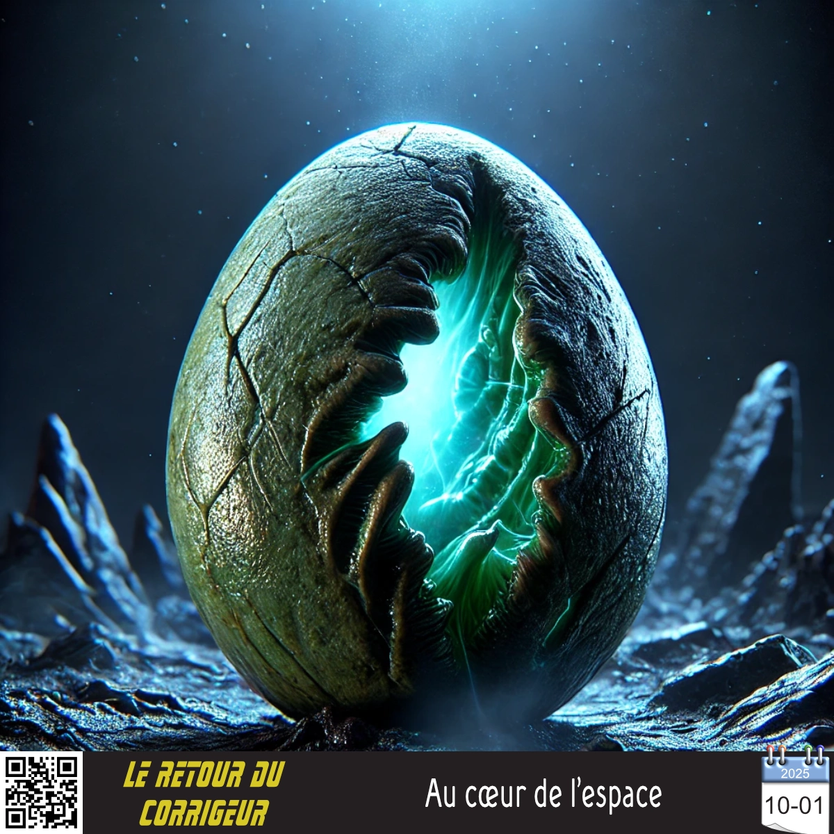 Illustration d’un œuf éclosant dans l’espace à la façon d’Alien.