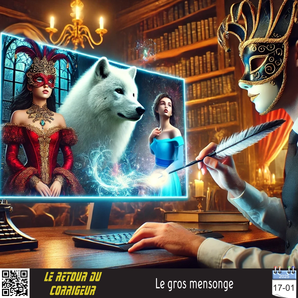 Illustration d’un écrivain créant une scène magique avec des personnages fantastiques.