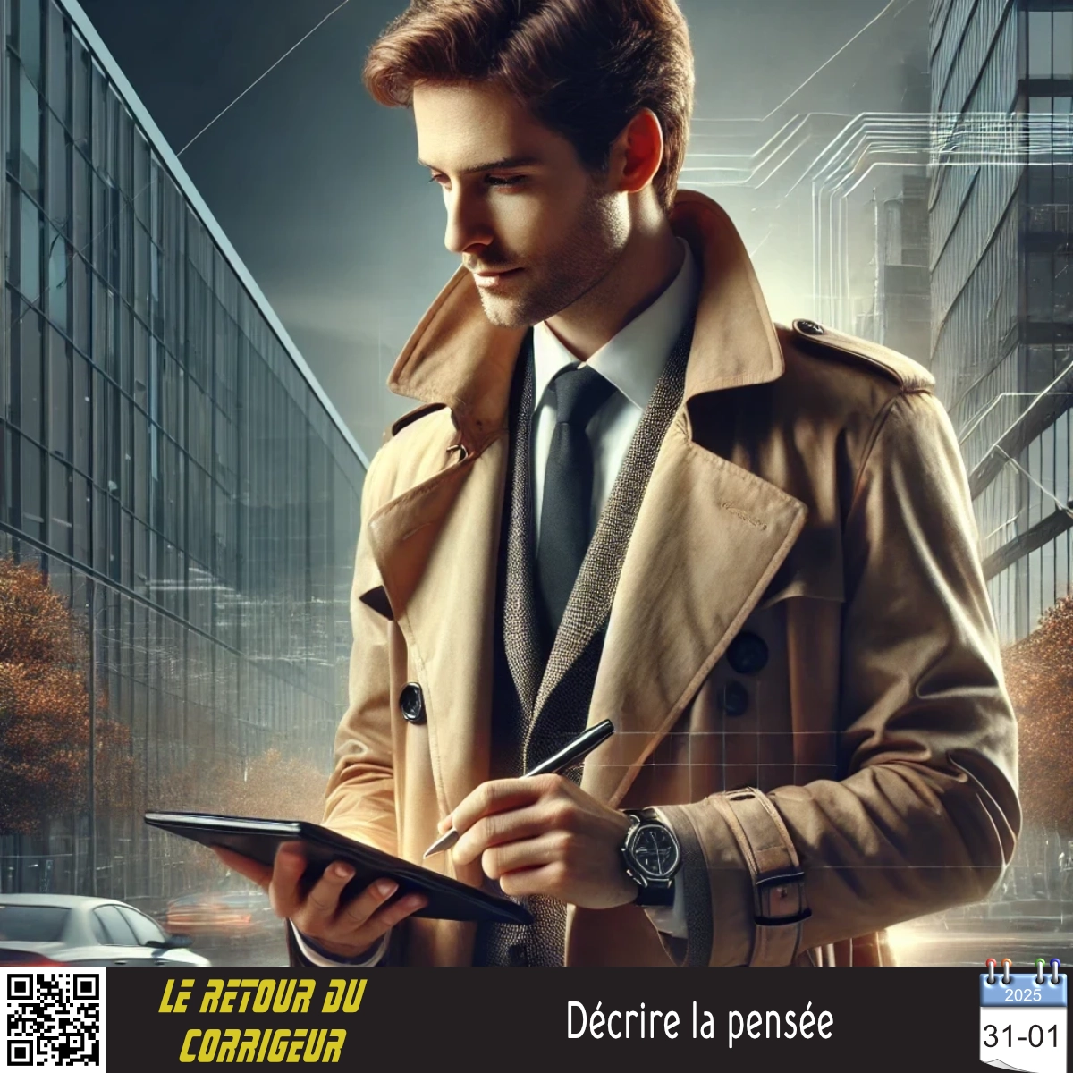 Illustration d’un écrivain élégant écrivant sur sa tablette tandis que ses pensées virevoltent.