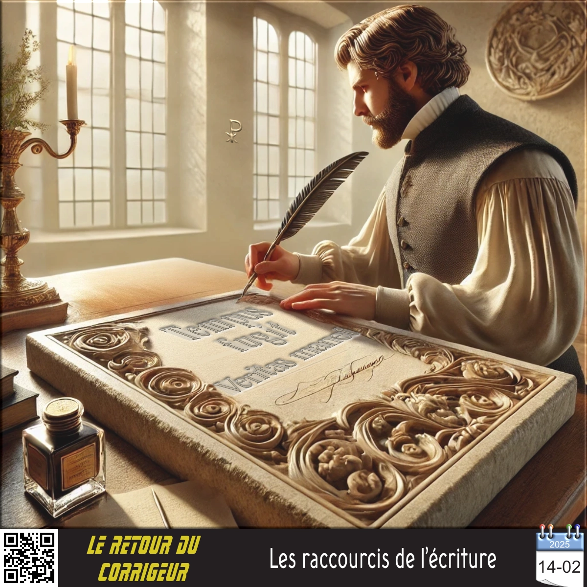 Illustration d’un scribe actuel gravant une pierre à la plume.