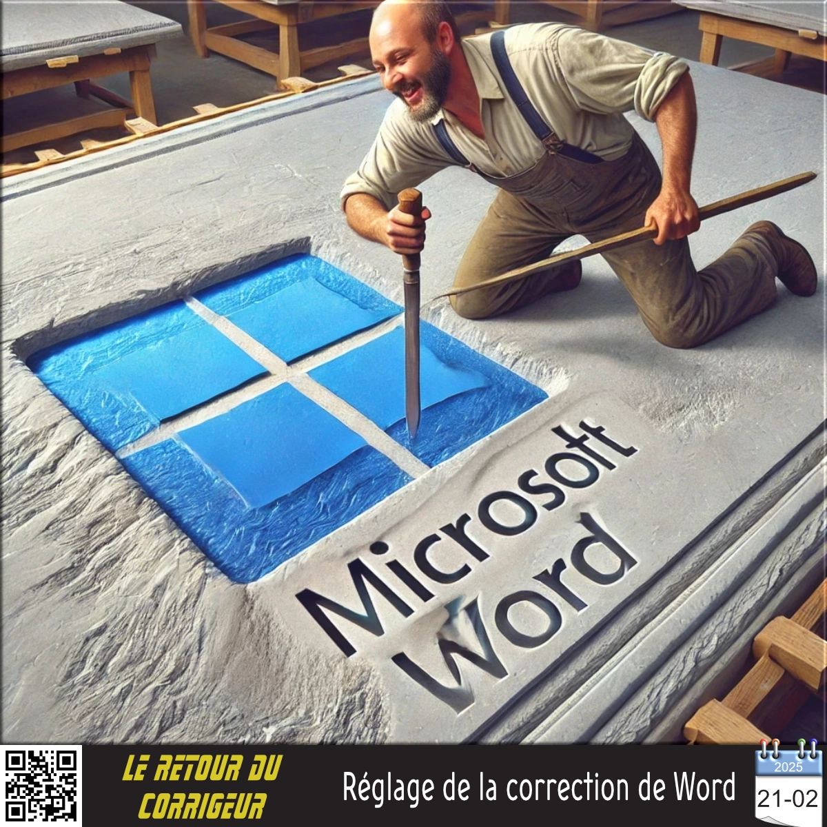 Illustration d’un scribe antique gravant le logotype de Word au burin dans une pierre bleue.