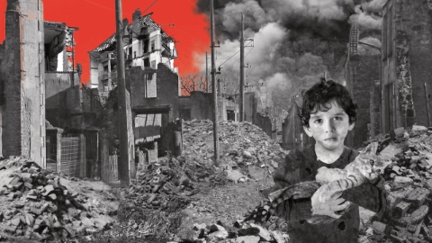 Cliquez sur l’enfant pour pour découvrir le service de création d’illustration. Un enfant et son chat sous les bombardements, illustrant le pouvoir des illustrations.